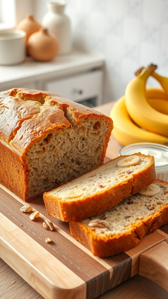 A loaf of healthy banana bread sliced on a cutting board, showcasing its moist texture, with bananas and yogurt in the background.
